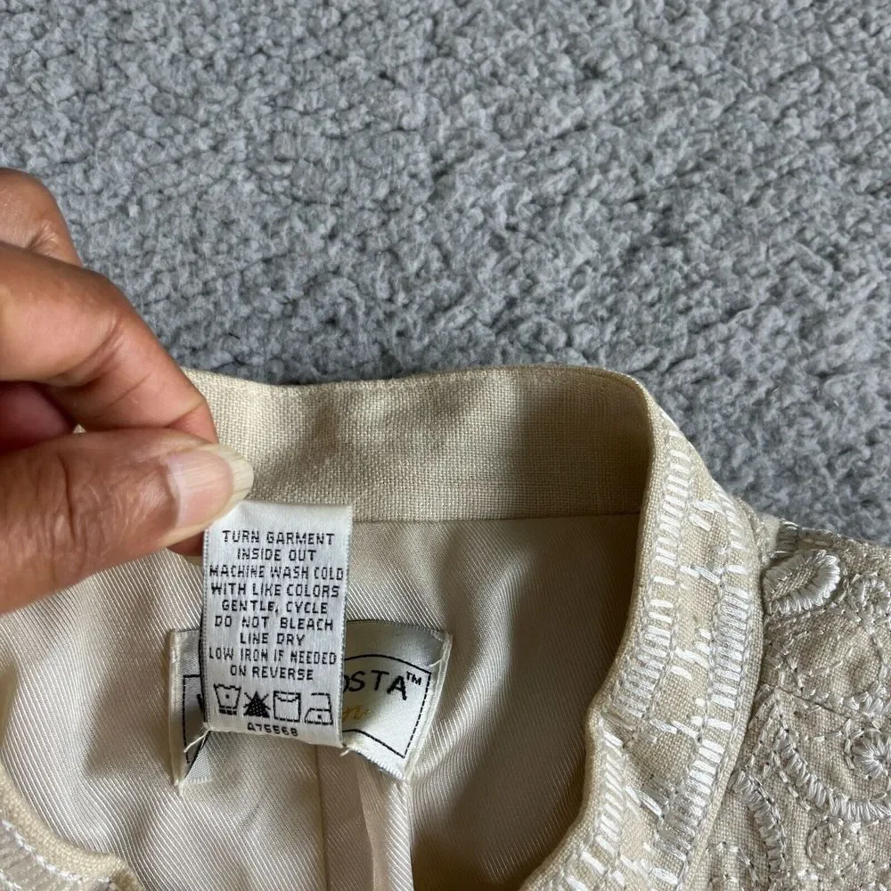 NEW Victor Costa Jacket Womens Medium Beige Blazer Linen Embroidered Floral Open